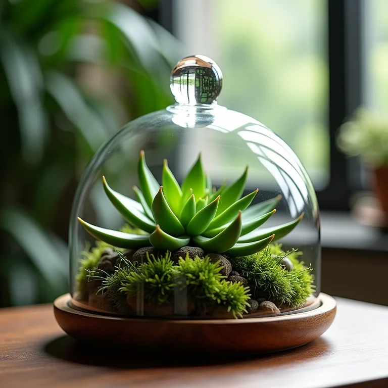 Cúpula de vidro com suculentas e musgo, toque de natureza em destaque