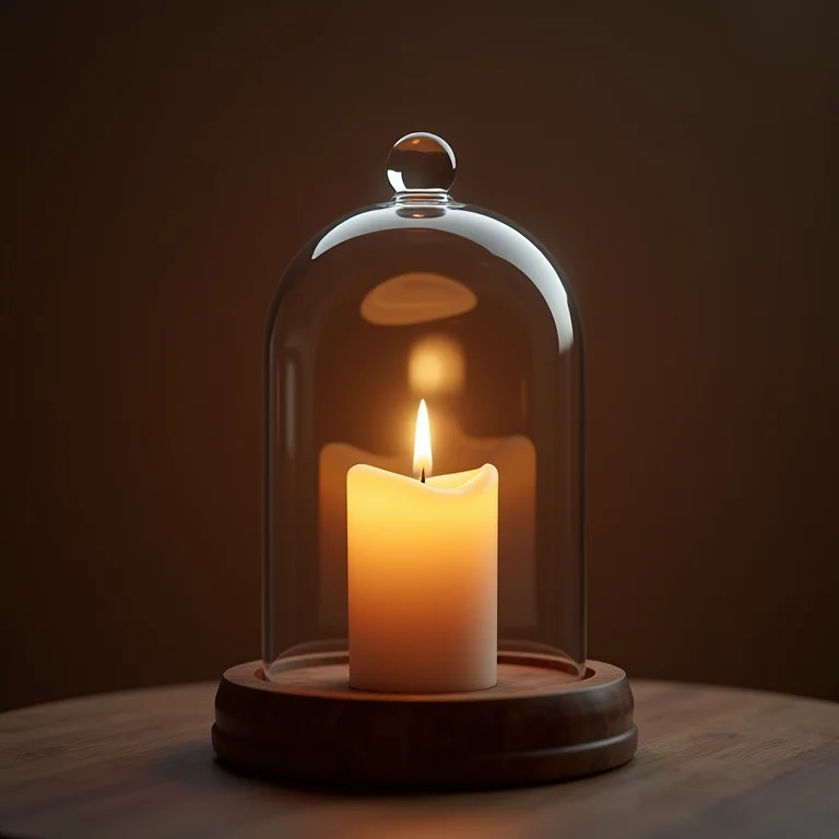 Cúpula de vidro com uma vela acesa, criando um ambiente acolhedor.