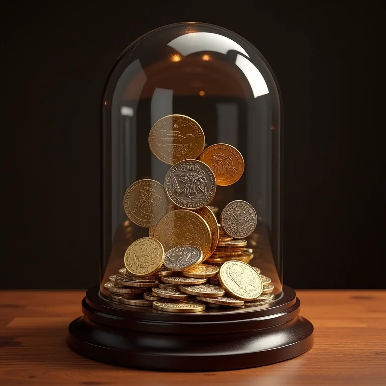 Cúpula de vidro exibindo uma coleção de moedas e selos antigos.