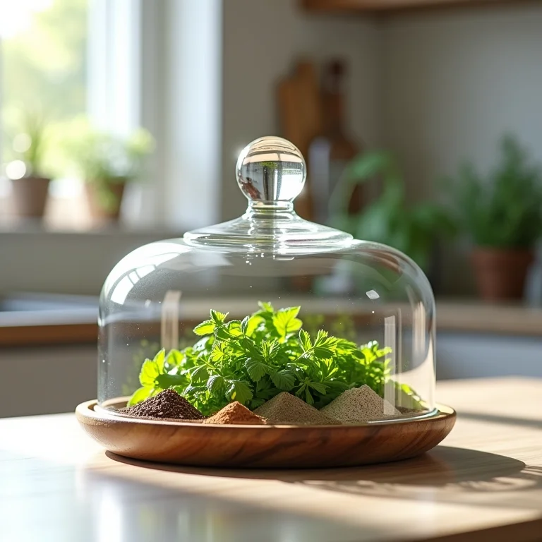 Cúpula de vidro na cozinha com ervas e especiarias