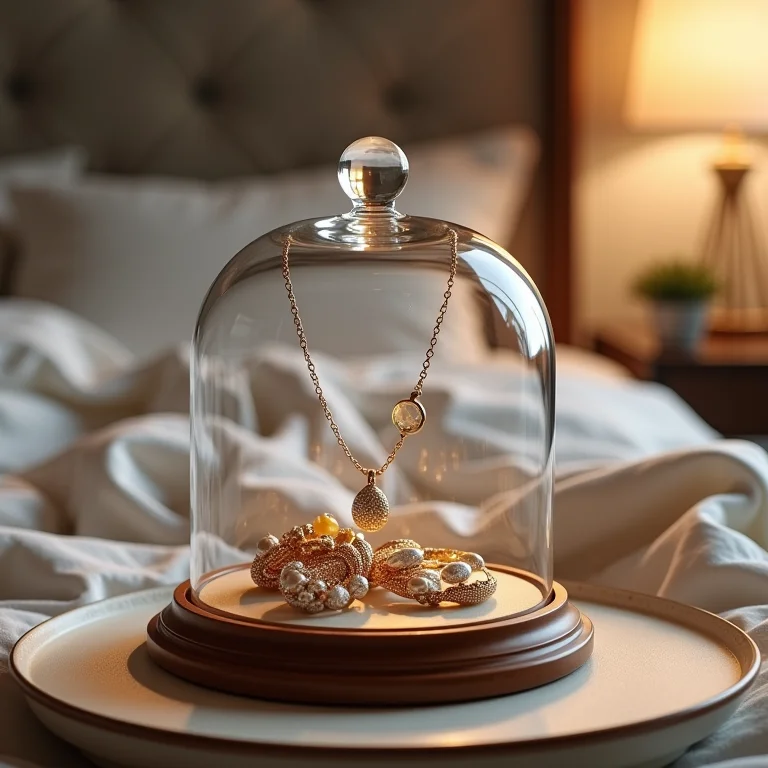 Cúpula de vidro no quarto com joias e lembranças