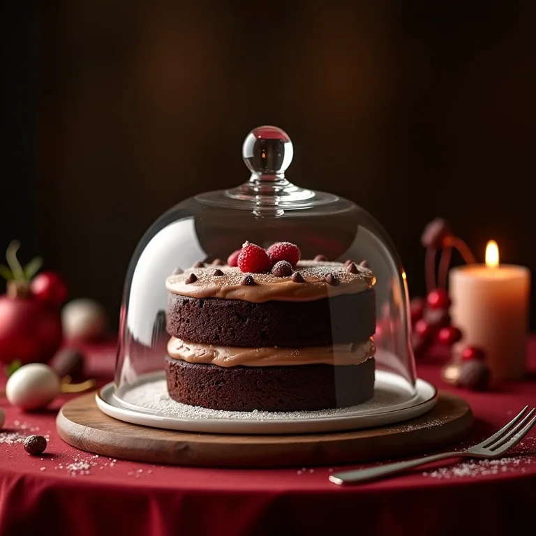 Cúpula de vidro protegendo um bolo de chocolate elegante em uma mesa festiva.