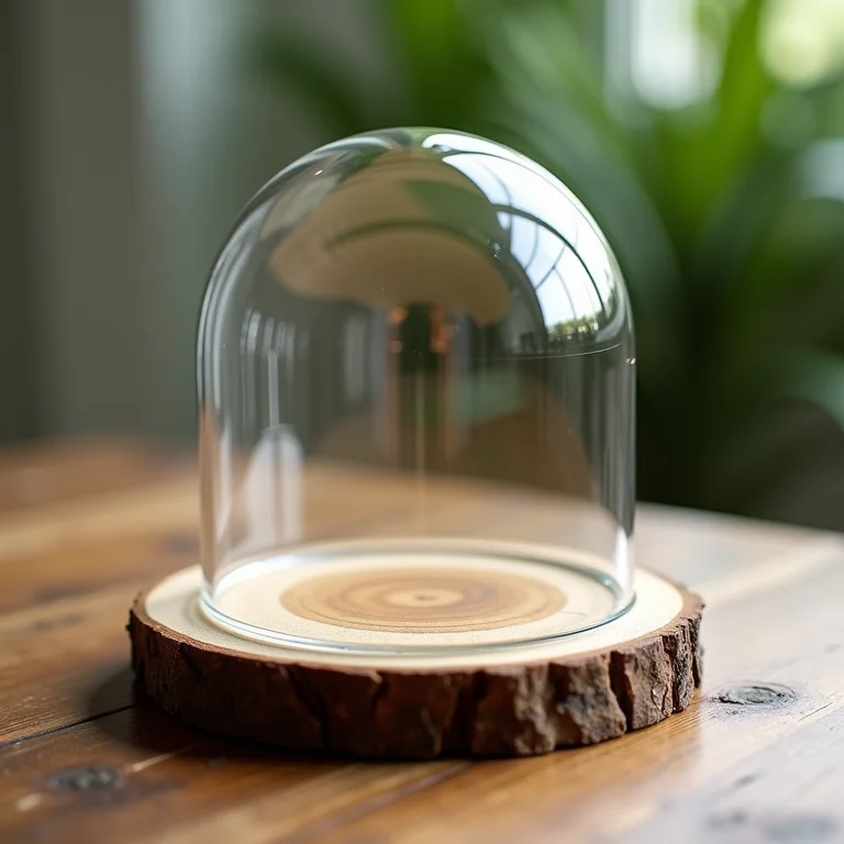 Cúpula de vidro sobre madeira reciclada, sustentabilidade