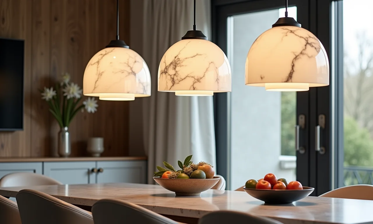 Cúpulas de mármore em pendentes sobre mesa de jantar.