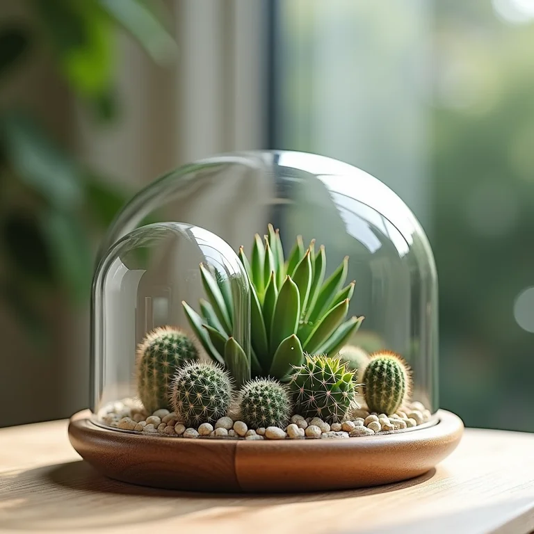 Cúpulas de vidro com mini jardins de suculentas e cactos.