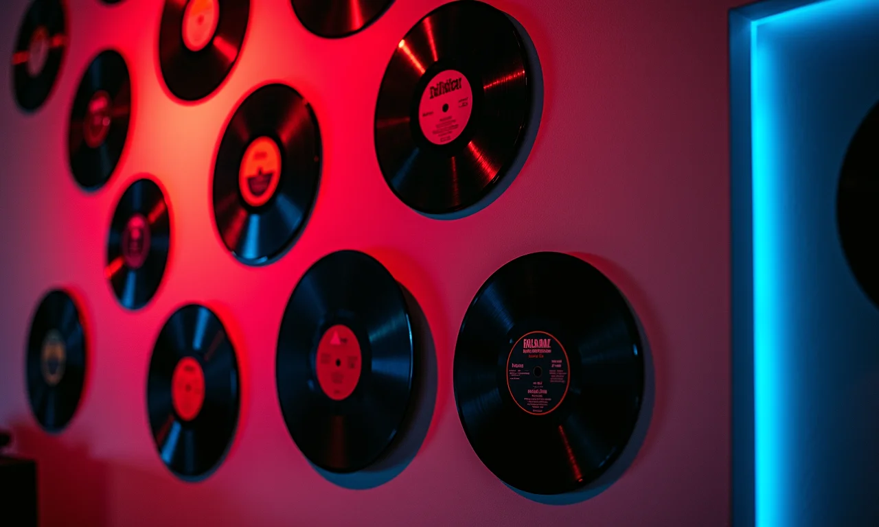 Decoração com discos de vinil iluminada com fitas de LED.