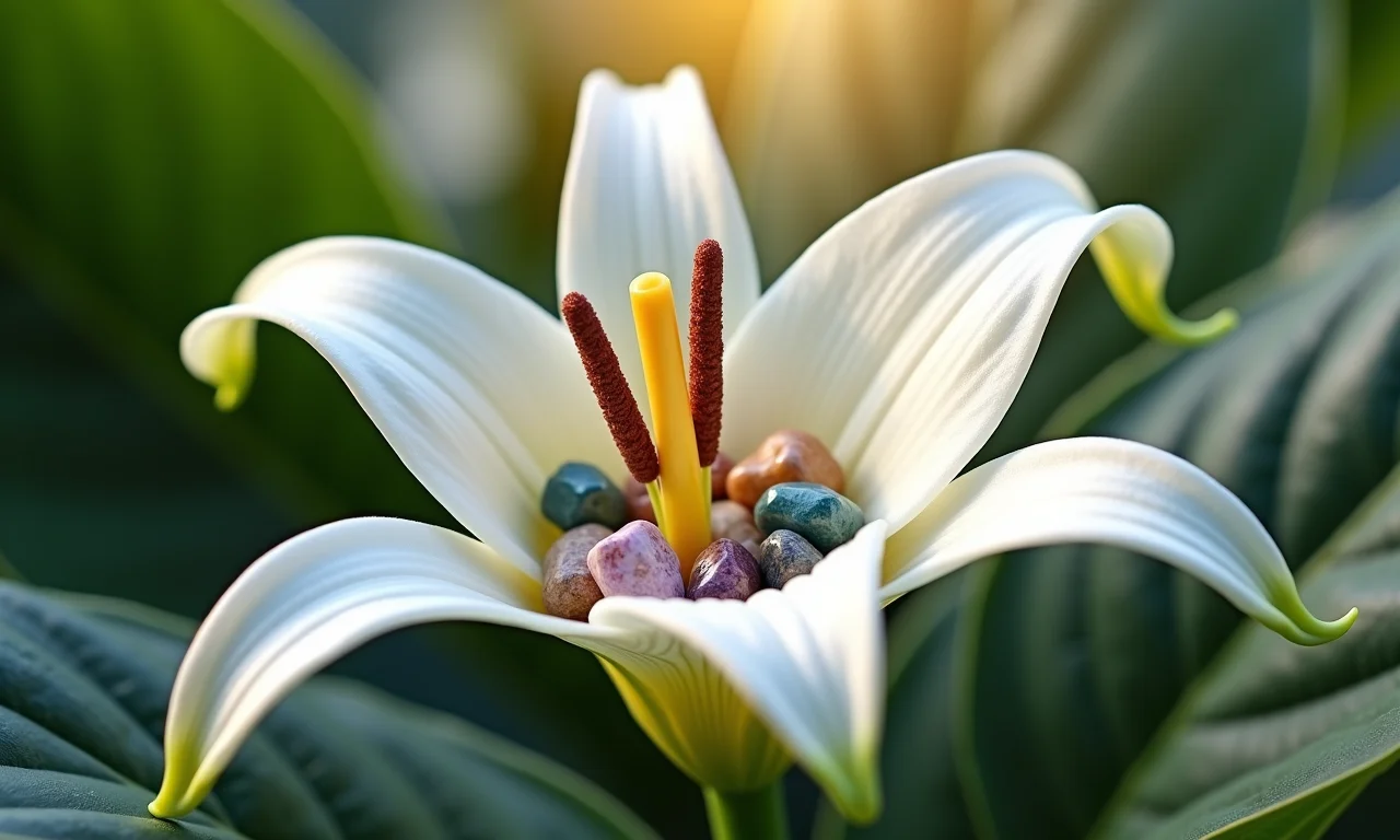 Decoração com lírios da paz, pedras e cristais.