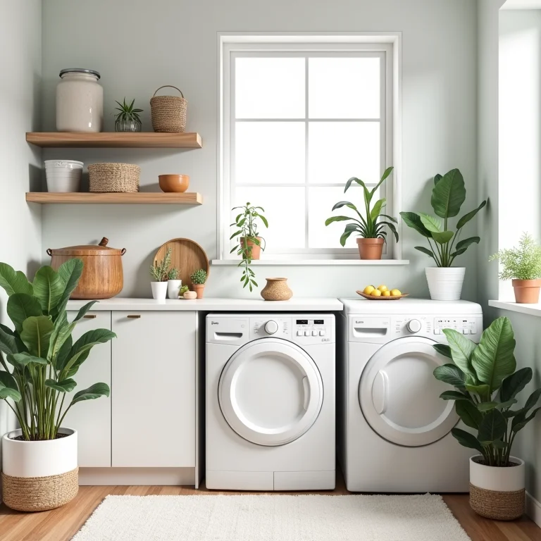 Decoração com plantas e objetos pessoais na lavanderia.