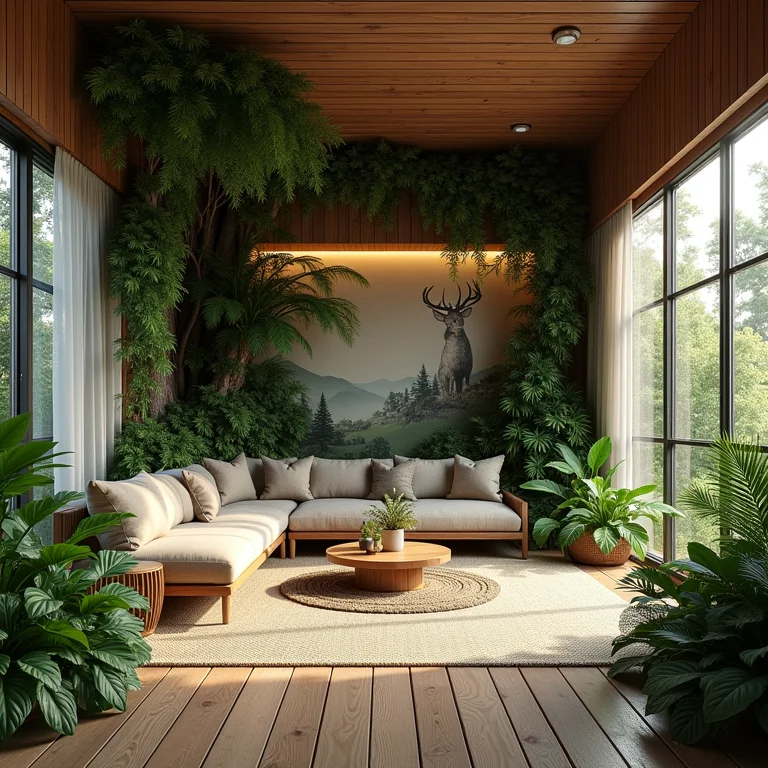 Decoração com tema de floresta exuberante e natural.