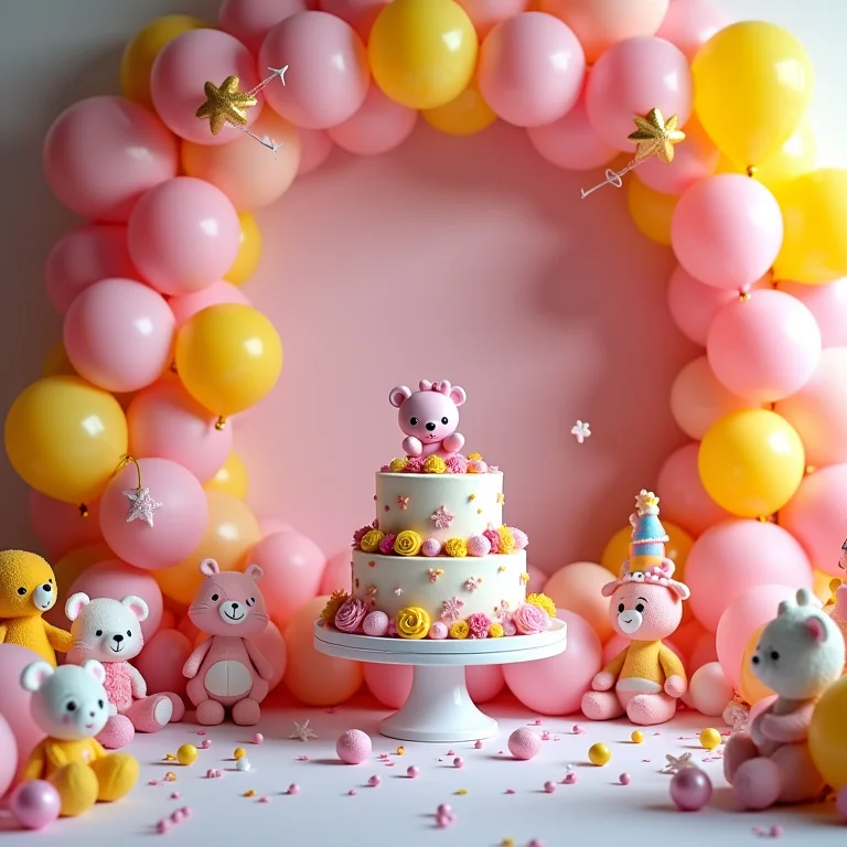 Decoração de chá de bebê exagerada com temática infantil.