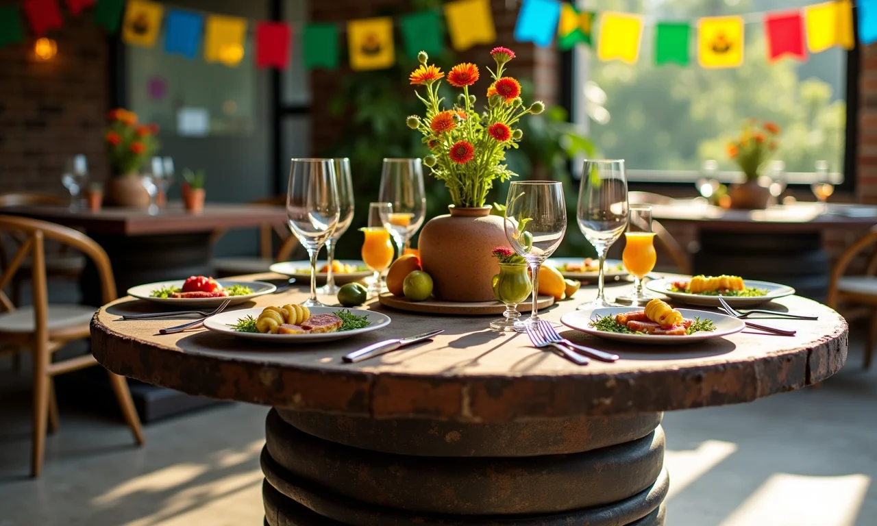 Decoração de festas com um carretel de fio servindo como mesa e decorações brasileiras coloridas.