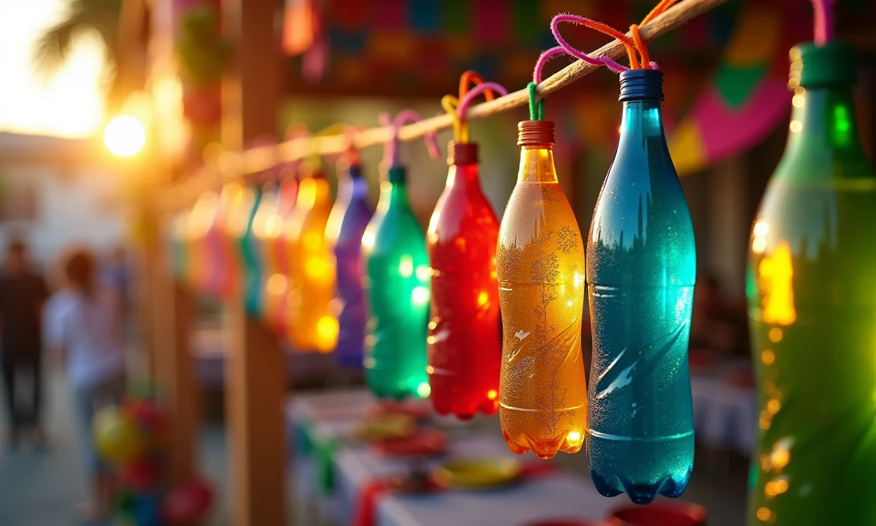Decoração de festas feita de garrafas PET coloridas em um ambiente festivo.