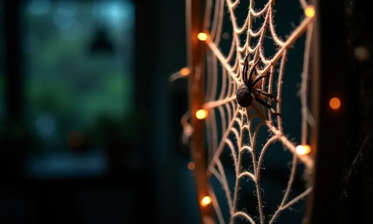 Decoração de Halloween com teias de aranha assustadoras feitas de diversos materiais.