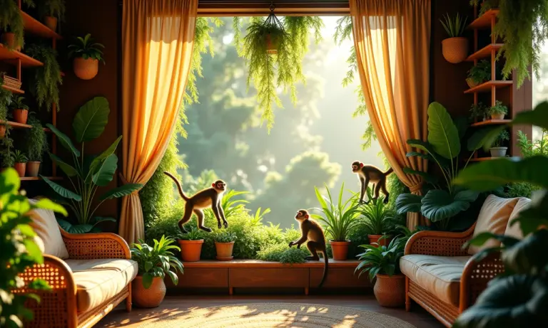 Decoração de interiores com tema de selva vibrante e aconchegante, com macacos e folhagens.