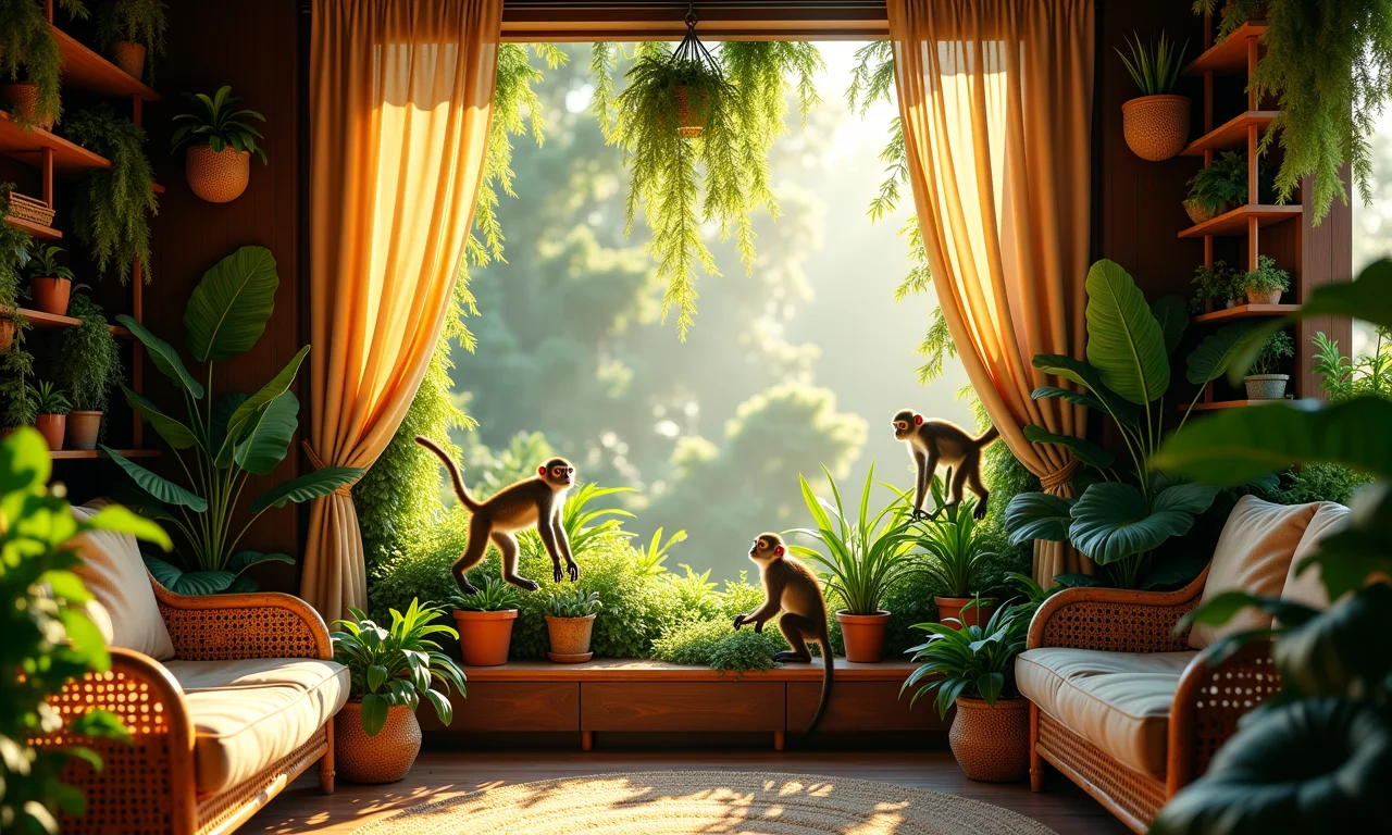 Decoração de interiores com tema de selva vibrante e aconchegante, com macacos e folhagens.
