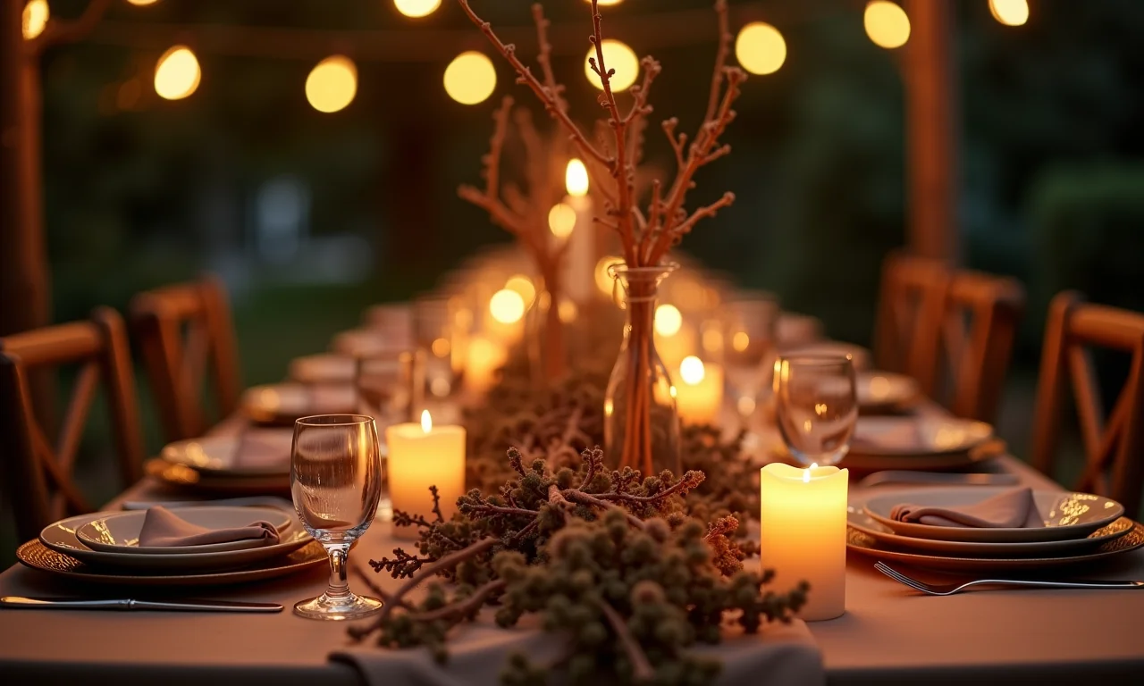 Decoração de mesa com galhos secos e velas, criando um ambiente romântico.