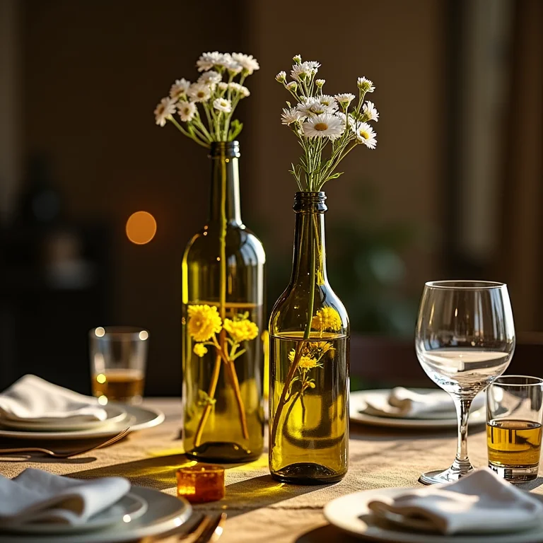 Decoração de mesa elegante com garrafas de azeite reaproveitadas.