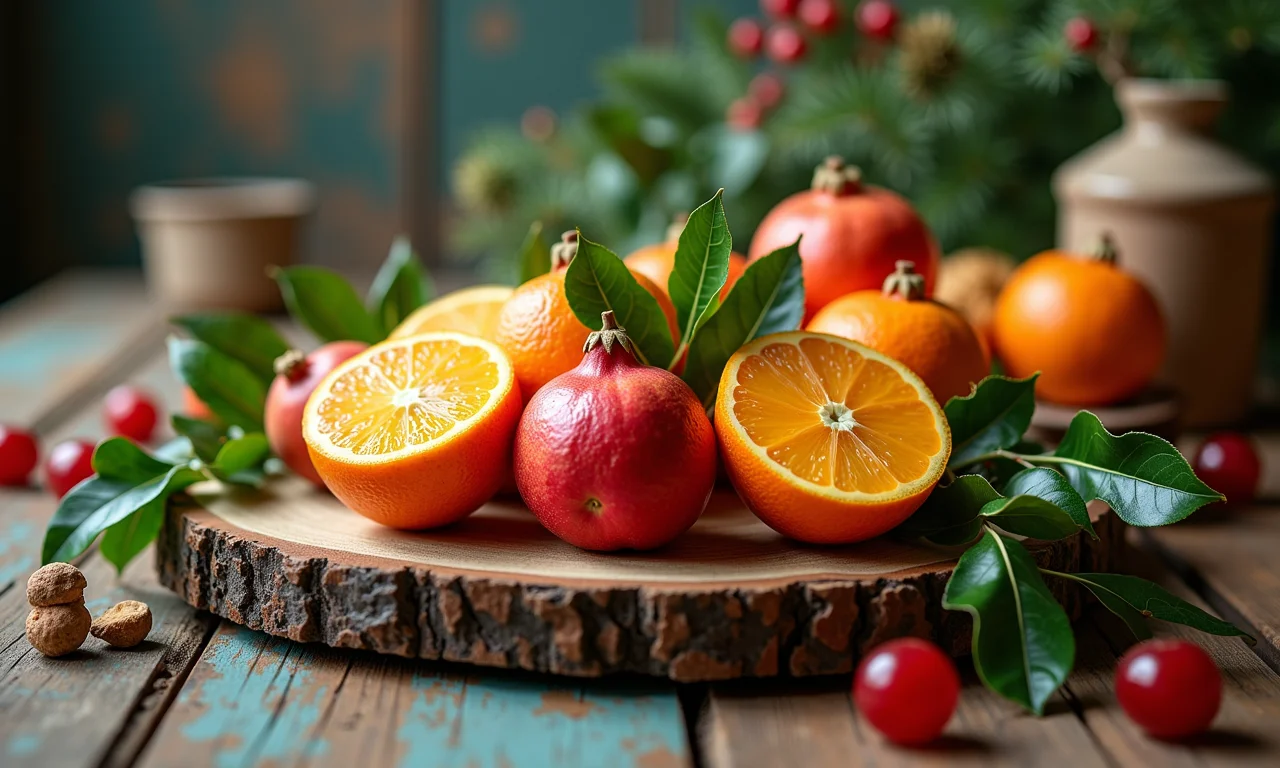 Decoração de mesa natalina com frutas, folhas e elementos naturais.
