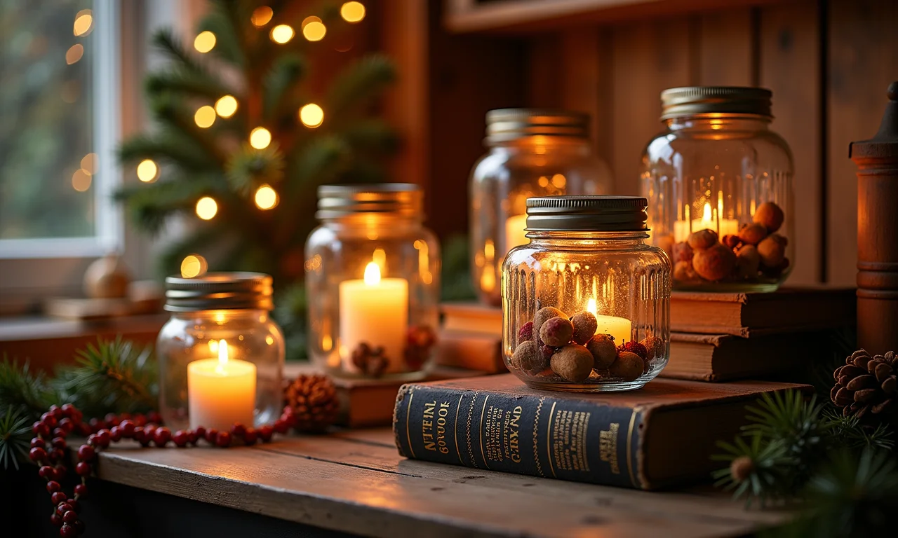 Decoração de Natal com objetos antigos reaproveitados, jarras e livros.