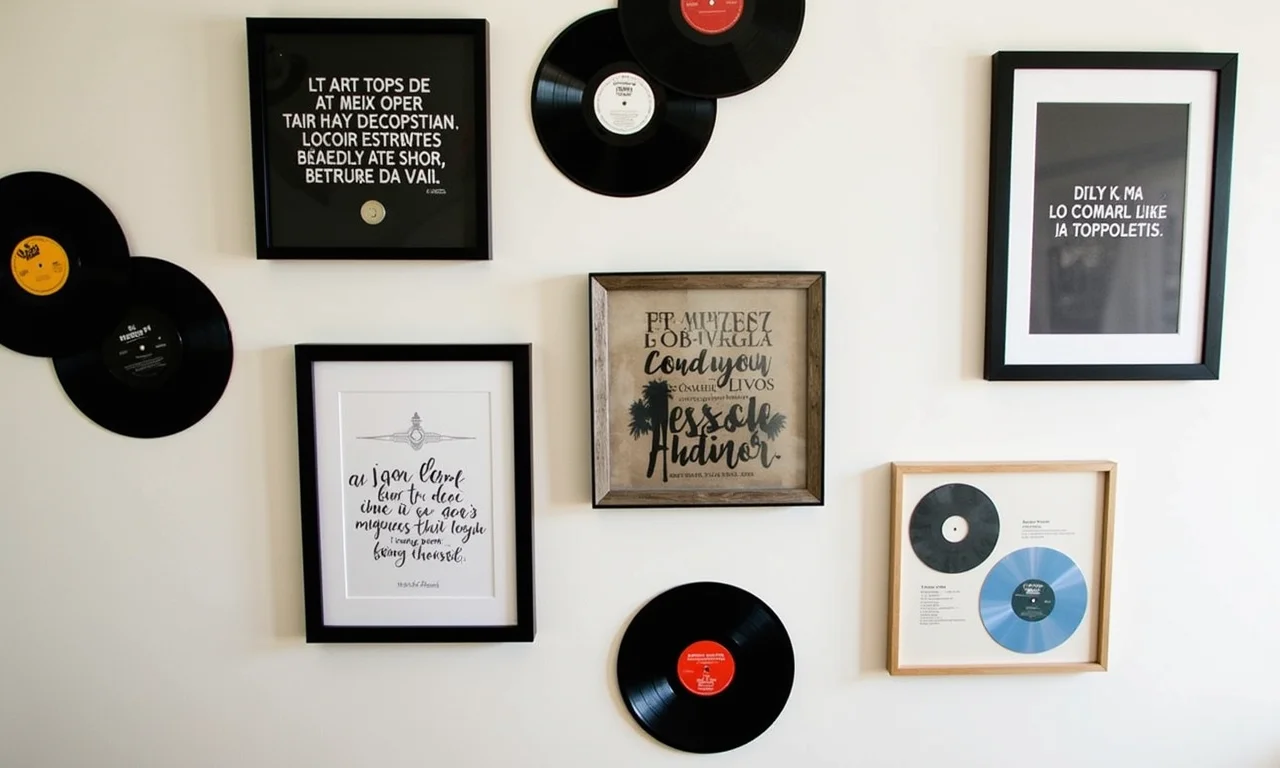 Decoração personalizada com frases e letras de músicas na parede.