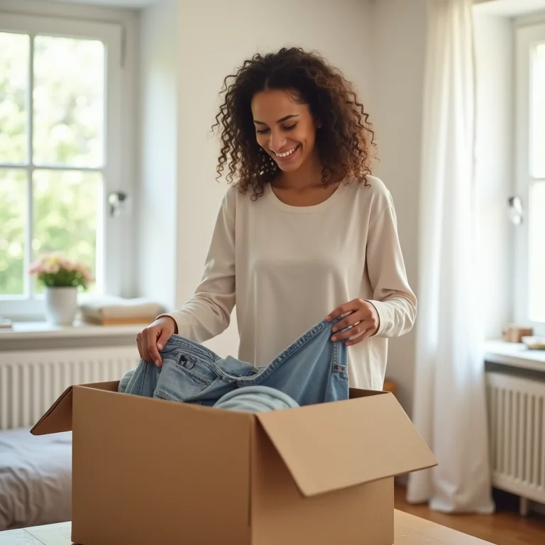 Desapego de roupas em um quarto iluminado e arejado.