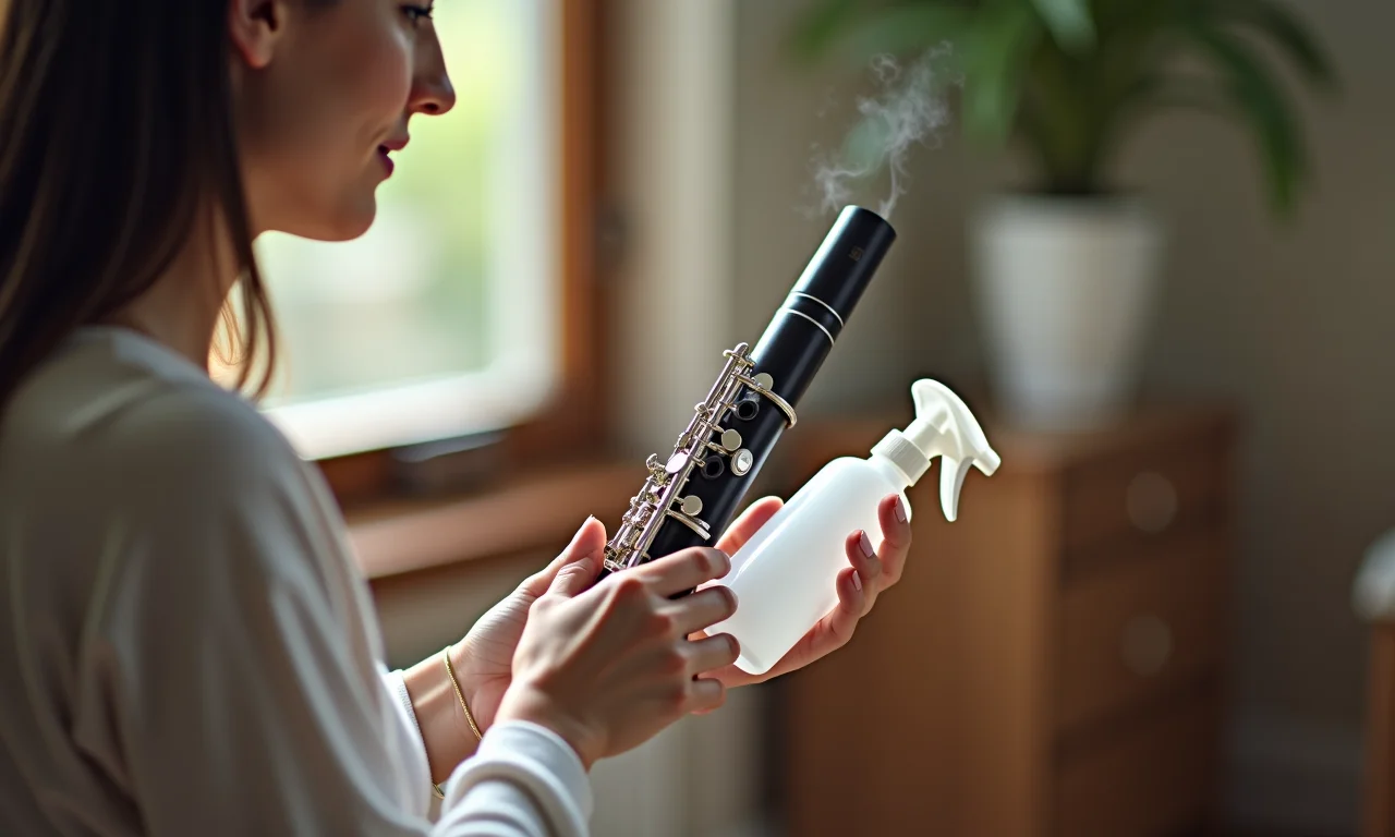 Desinfetando a flauta doce com álcool isopropílico.