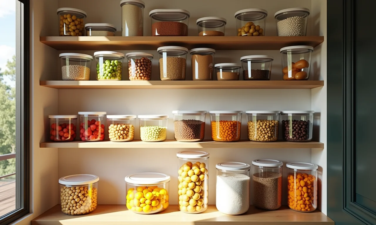 Despensa organizada com alimentos em potes transparentes e etiquetas.
