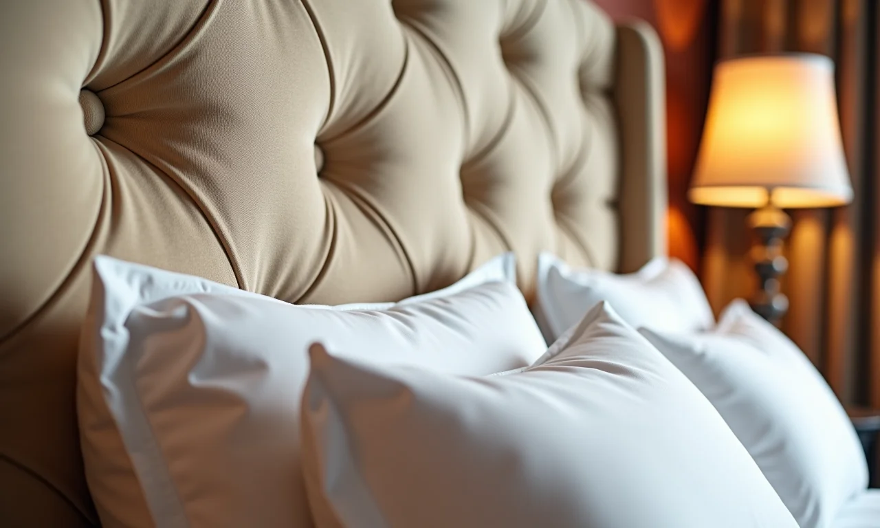 Detalhe de cabeceira acolchoada com costura elegante e tecido convidativo.