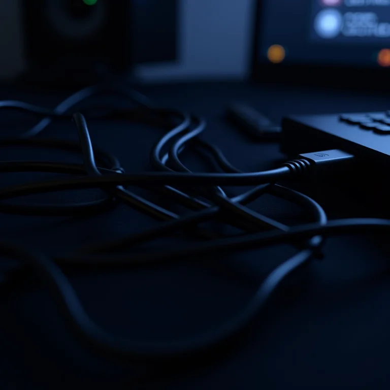 Detalhe de cabos emaranhados atrás de um setup gamer.