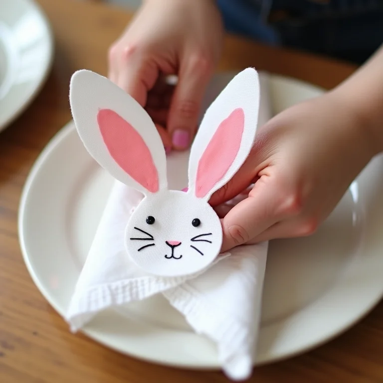 Detalhe de mãos criando guardanapos temáticos de Páscoa