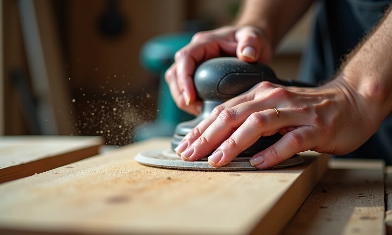 Detalhe de mãos lixando madeira para prateleira, com poeira suspensa no ar.