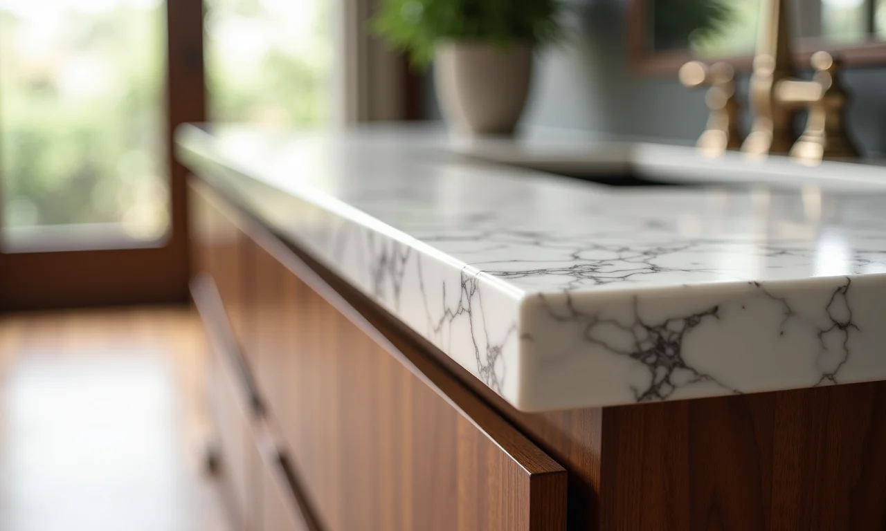 Detalhe de mármore em armário de madeira.
