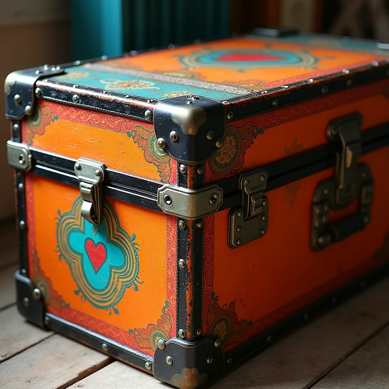 Detalhe de um baú renovado com pintura colorida e estêncil.