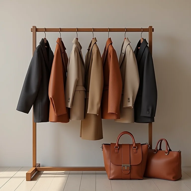 Detalhe de um mancebo com casacos e bolsas.