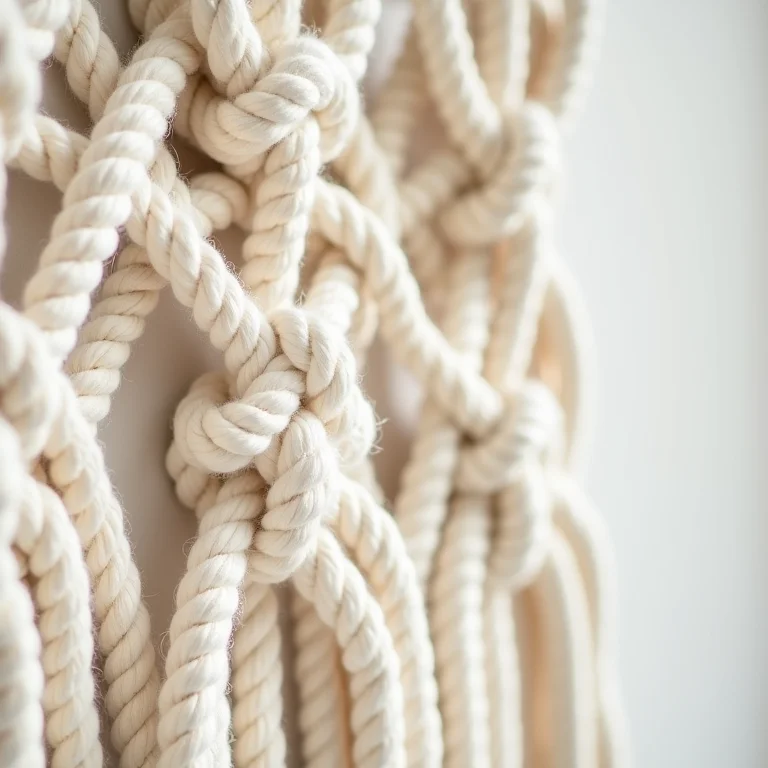 Detalhe de um painel de macramê artesanal.