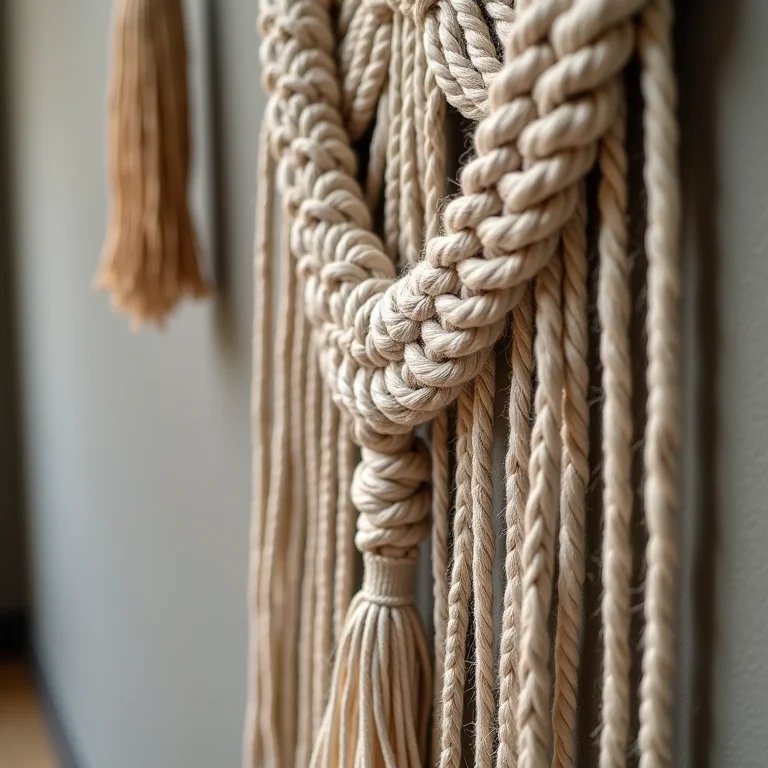 Detalhe de um painel de macramê na parede