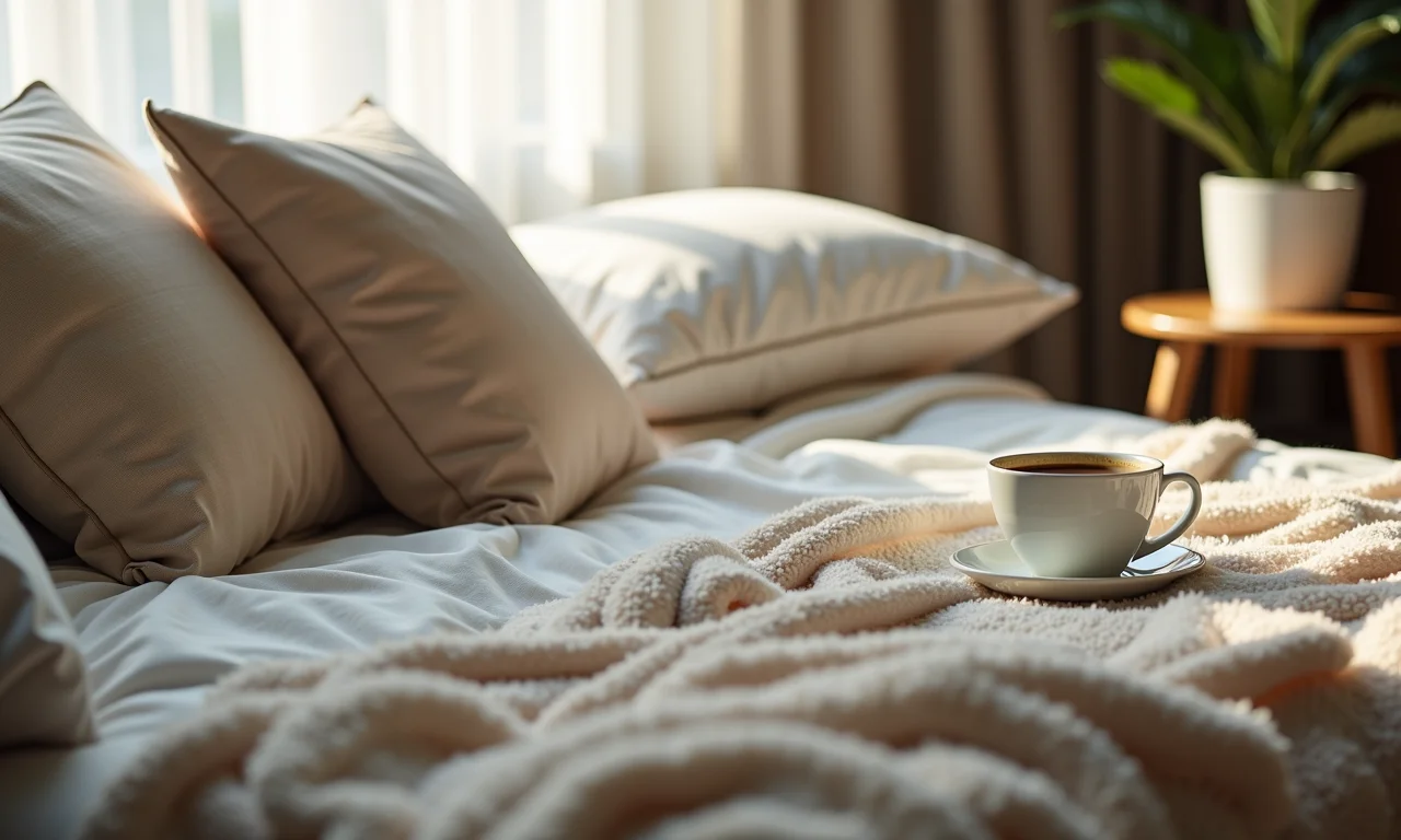 Detalhe de um sofá-cama com almofadas fofas, manta macia e xícara de café.