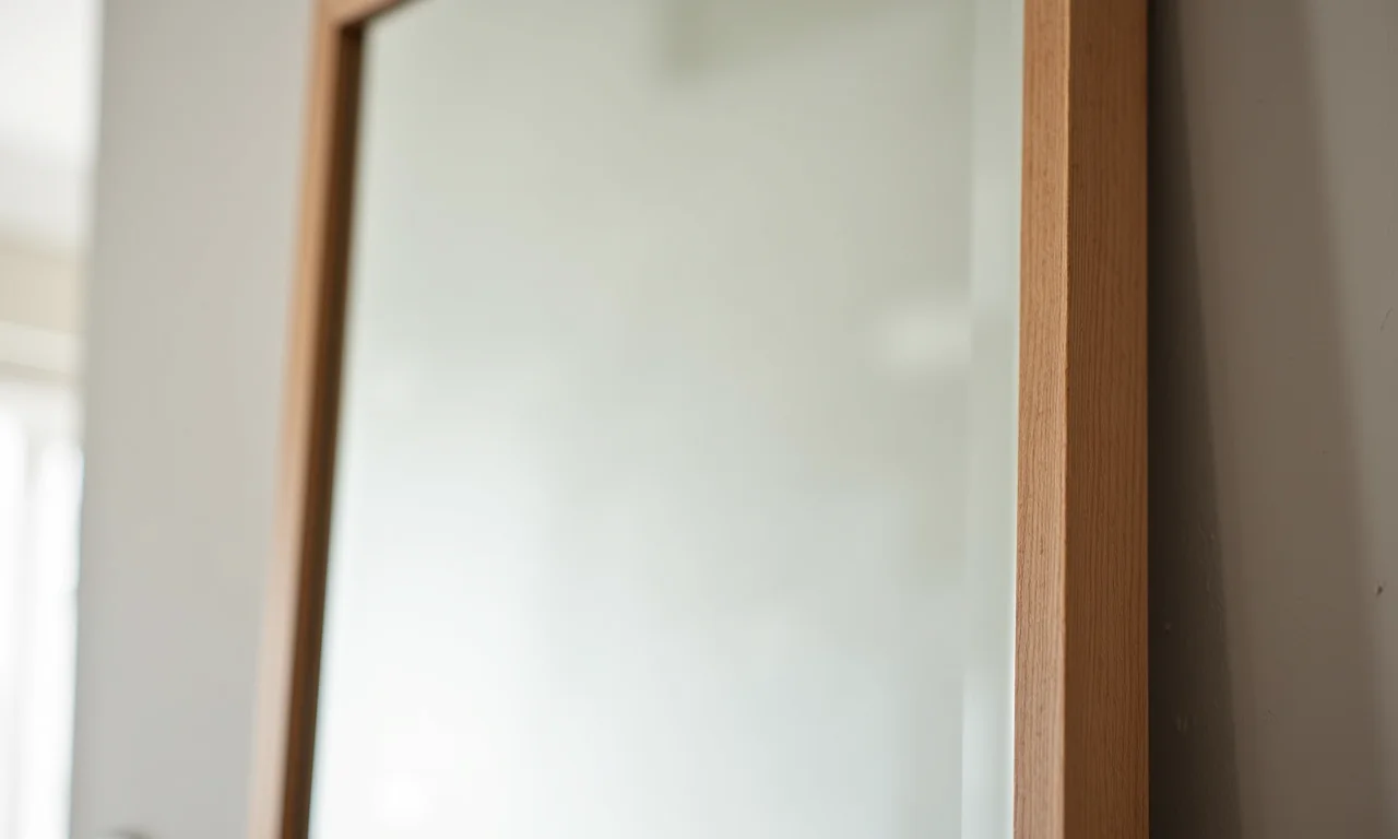 Detalhe de uma espelheira de madeira com acabamento natural.
