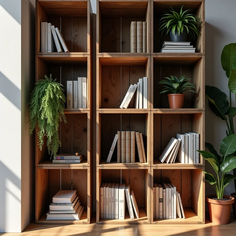Detalhe de uma estante de livros feita com caixotes de feira