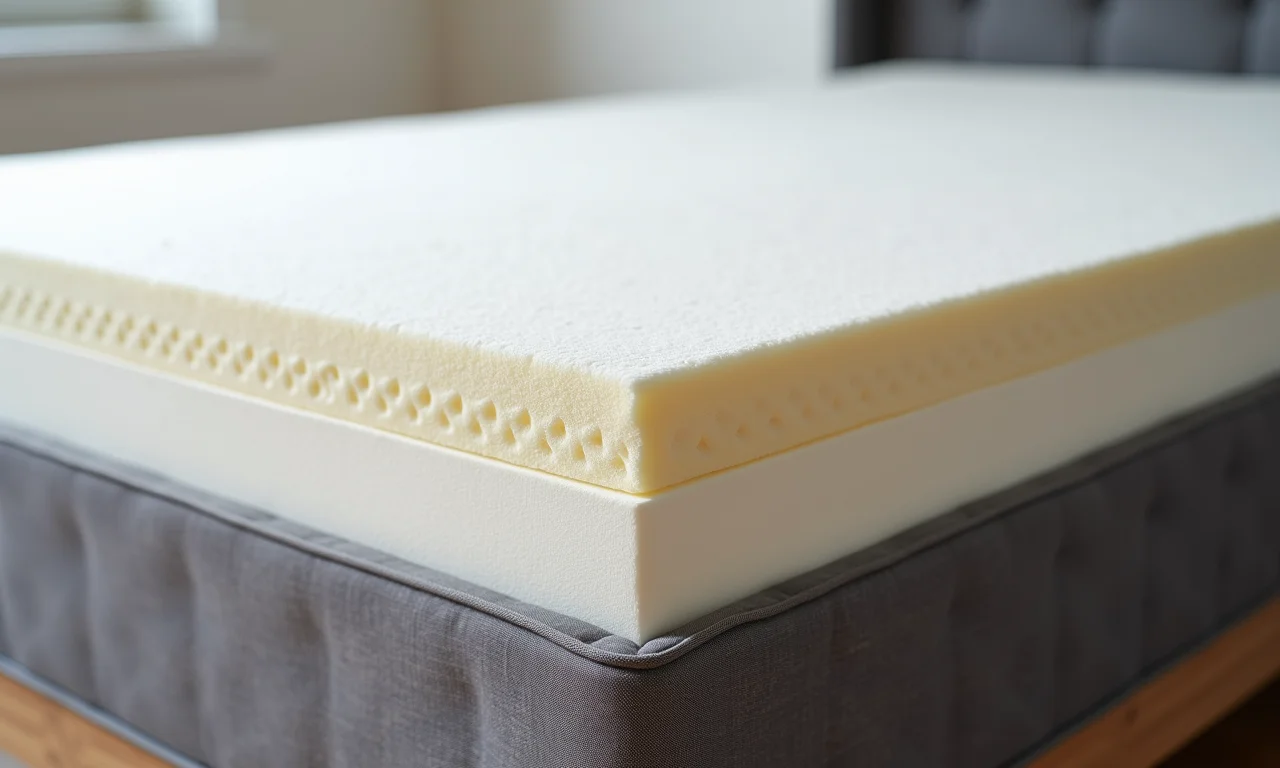 Detalhe do colchão de um sofá-cama com diferentes camadas: espuma de memória, molas e acolchoamento.