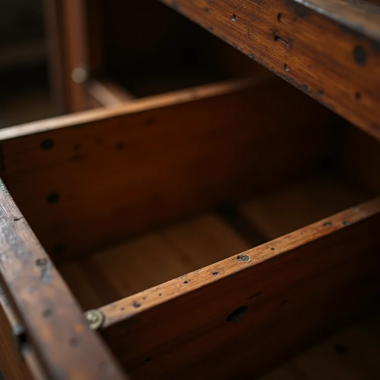 Detalhe interno de um baú de madeira vintage.