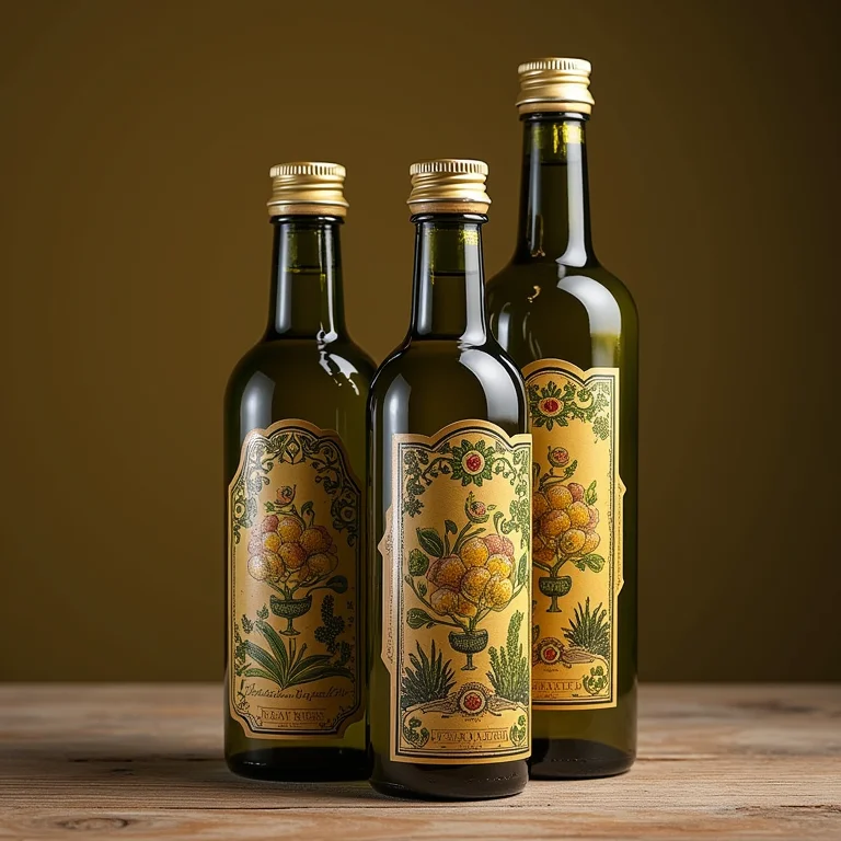 Detalhes de garrafas de azeite decoradas com pintura e decoupage