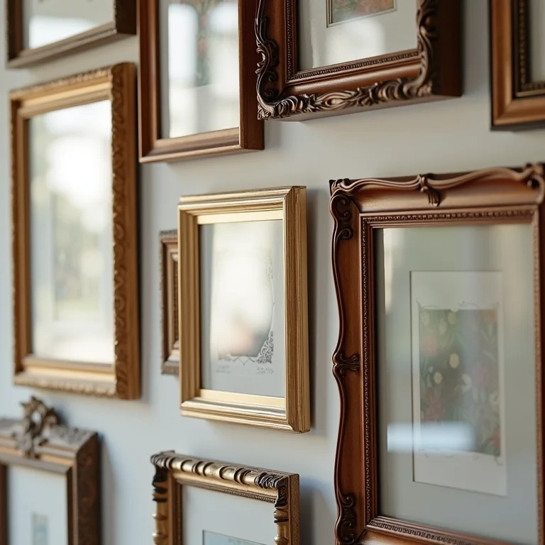 Detalhes de molduras variadas em uma gallery wall sofisticada.