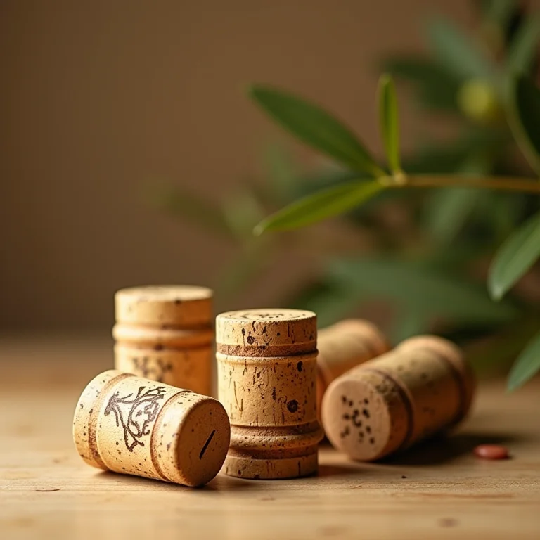 Detalhes decorativos com rolhas e acessórios de garrafas de azeite.