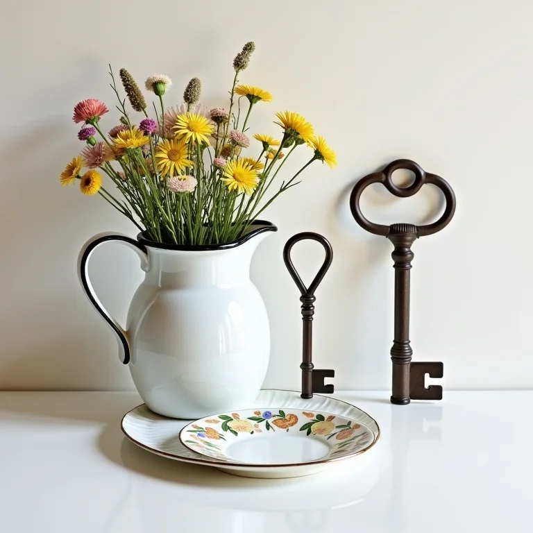 Detalhes decorativos: jarra de esmalte com flores silvestres, chaves antigas e prato de cerâmica