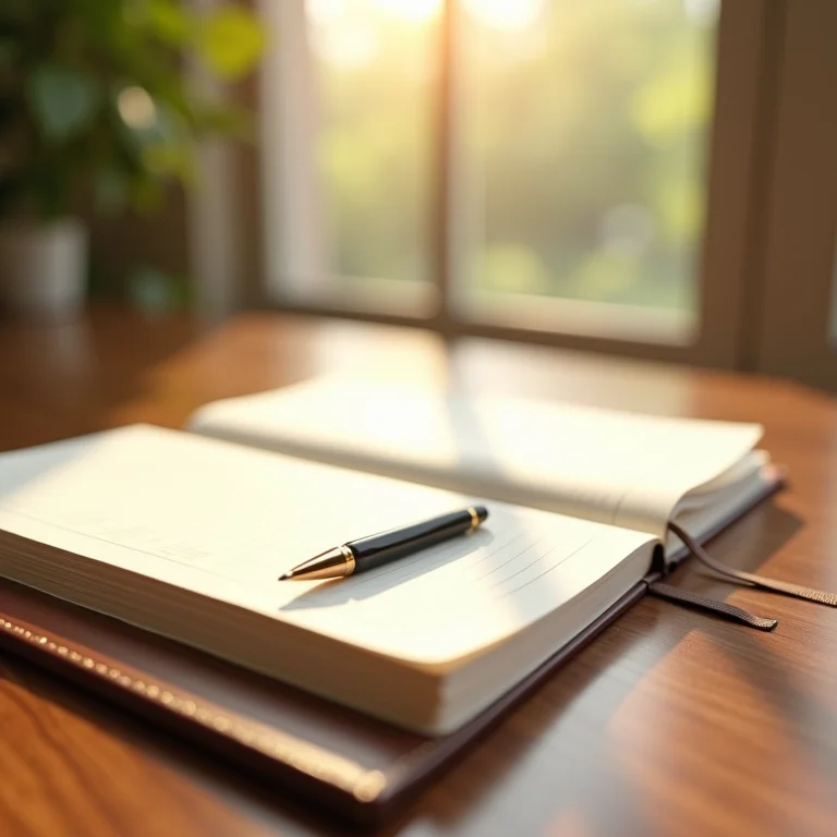 Diário aberto com caneta em mesa de madeira com luz natural.