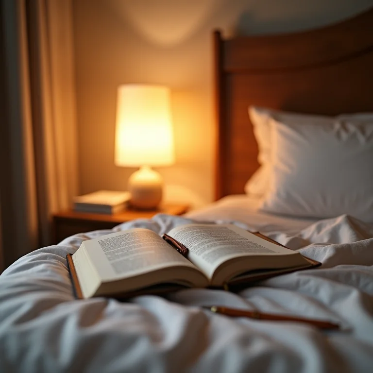 Diário aberto em mesa de cabeceira com luz suave de abajur.