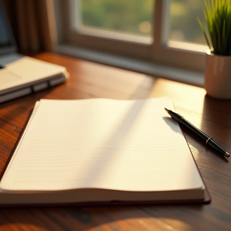 Diário de gratidão aberto sobre mesa de madeira.