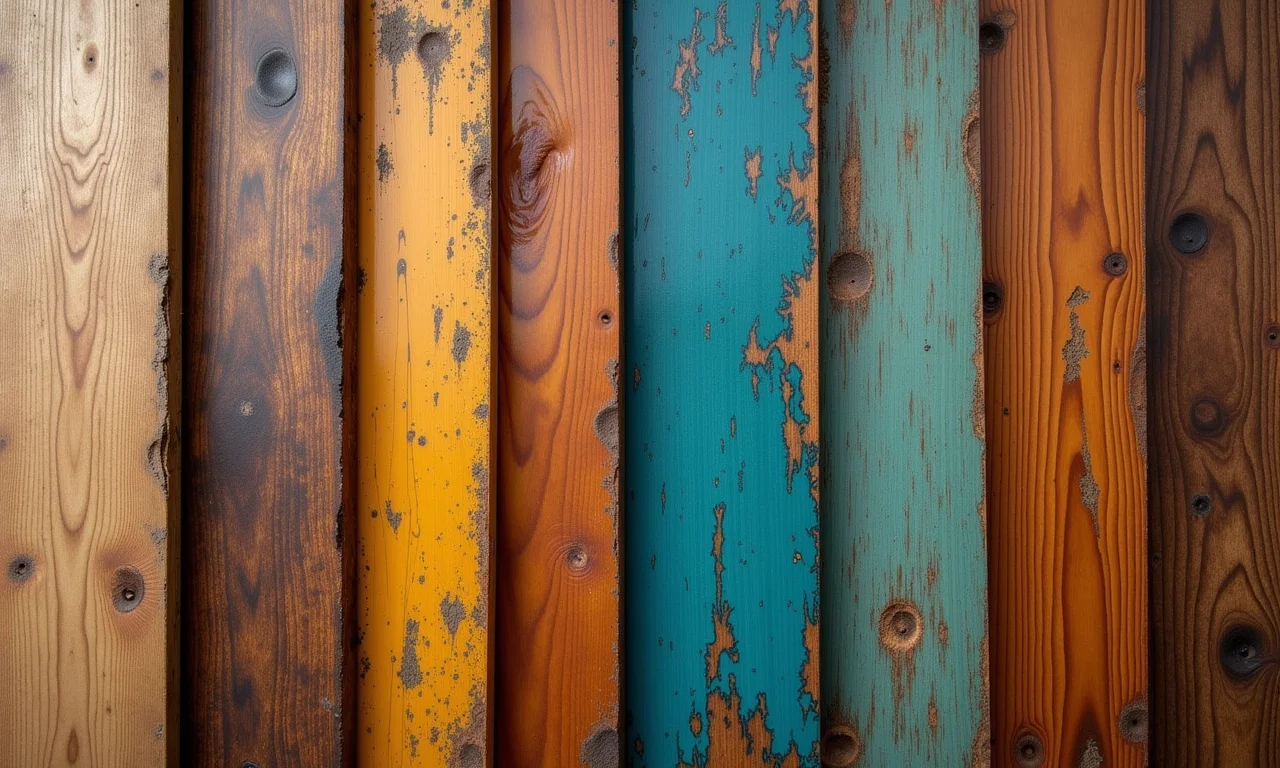 Diferentes técnicas de pátina em amostras de madeira.