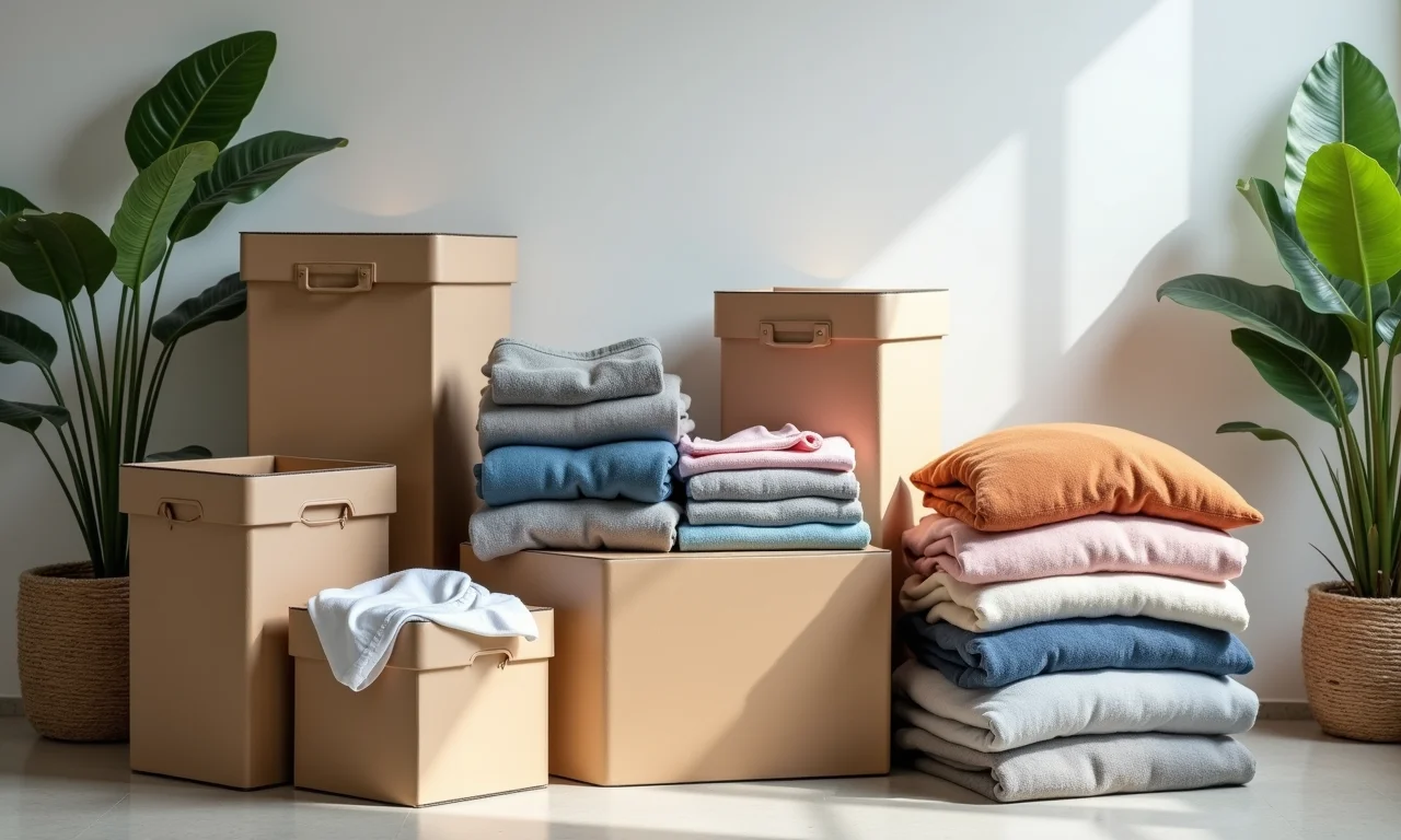 Diferentes tipos de caixas para guardar roupas: plástico, tecido e papelão.